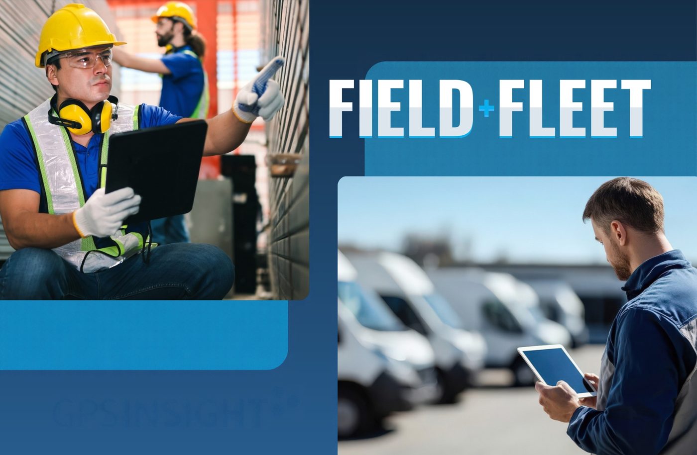 Field service technicians using tablets with a fleet of service vans