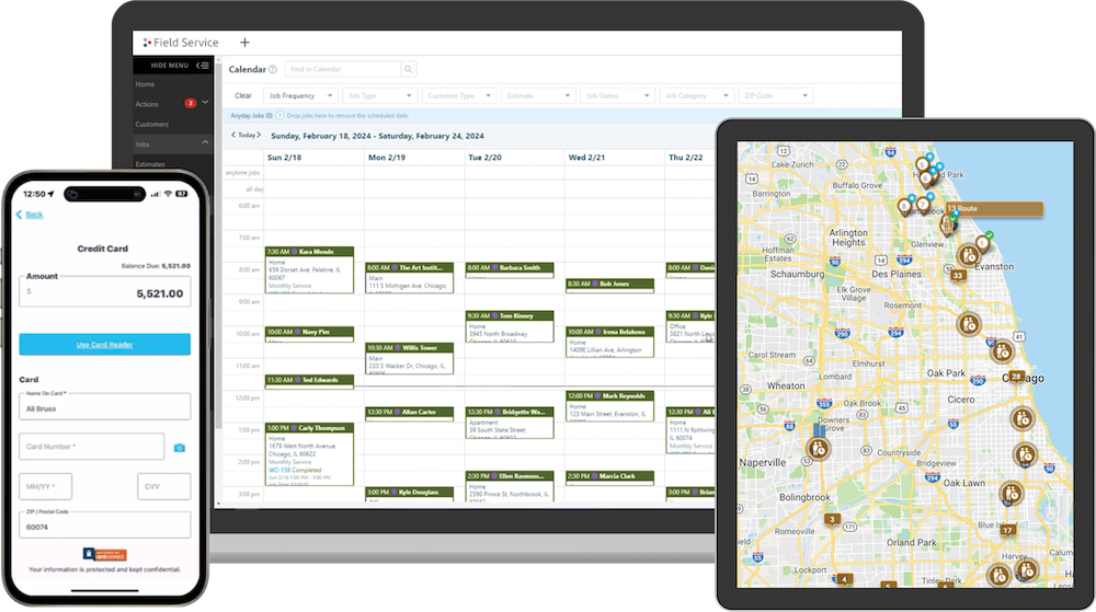 ServiceBridge software showing job scheduling, fleet tracking, and mobile payment processing