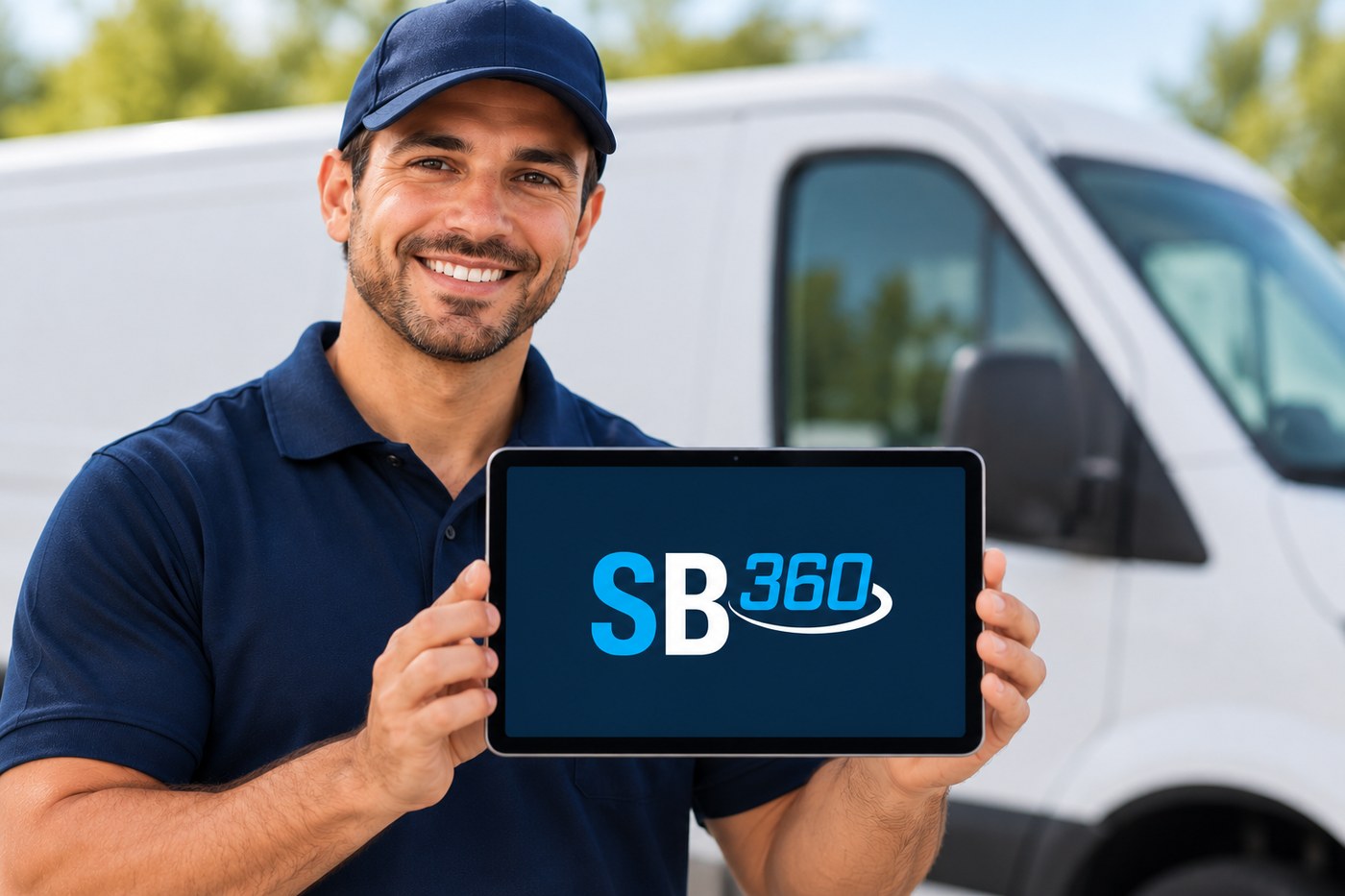Field service technician holding a tablet displaying the ServiceBridge360 platform