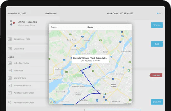 ServiceBridge mobile app showing GPS map and field technician locations on iPad