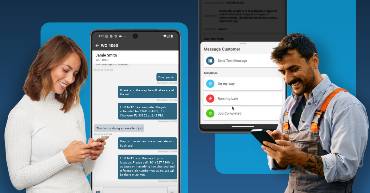 Customer and technician texting through ServiceBridge Two-Way Messaging with automatic reminder templates