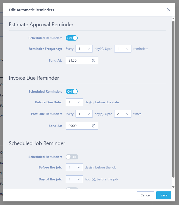 ServiceBridge automatic reminder settings for estimate approvals, invoice due dates, and scheduled jobs.