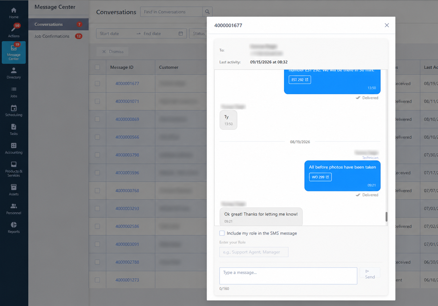 ServiceBridge Message Center showing an open two-way text conversation between a technician and customer.