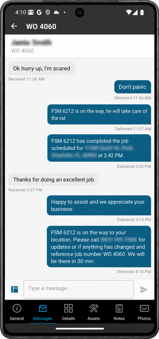 Mobile two-way text conversation showing job updates between a field service business and a customer.